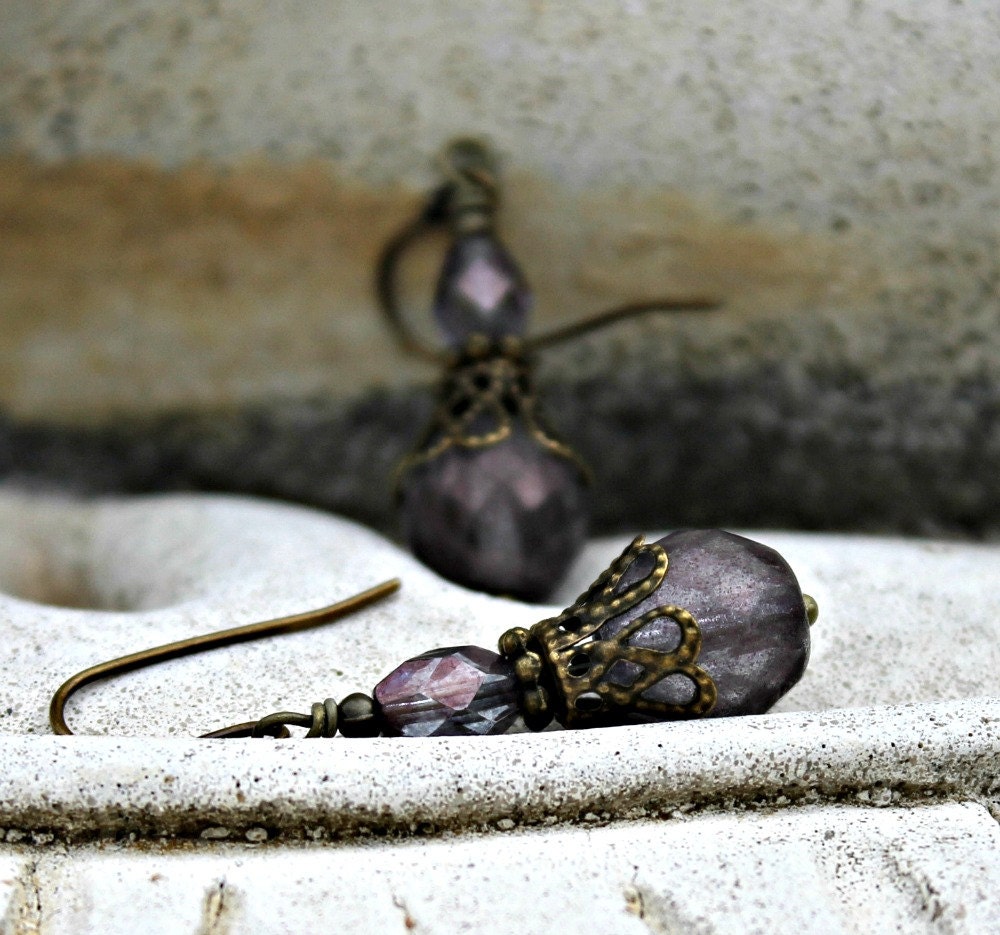 May Sale 10% off - Purple Haze Drop Earrings - Bohemian Czech Glass, Frosted, Shabby Chic, Antique Brass, Indigo, Dangle