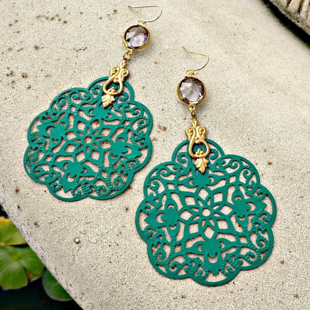 Large Teal Bohemian Chandelier Earrings -  Filigree, Lavender, Gold, Jewel, Long, Dangle
