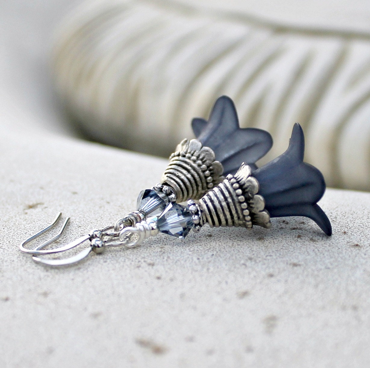 May Sale 10% off - Drop Flower Earrings - Antique Silver, Indigo, Blue, Bohemian, Denim Blue