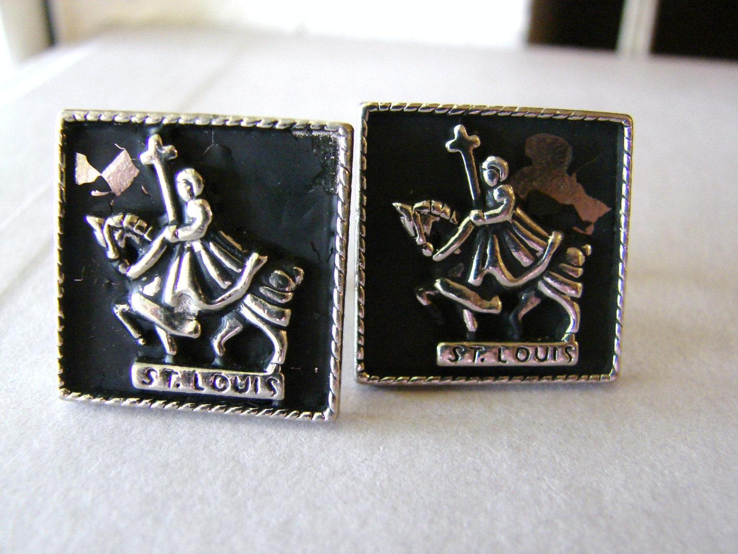 Vintage silver and black St Louis knight/ saint square cuff links