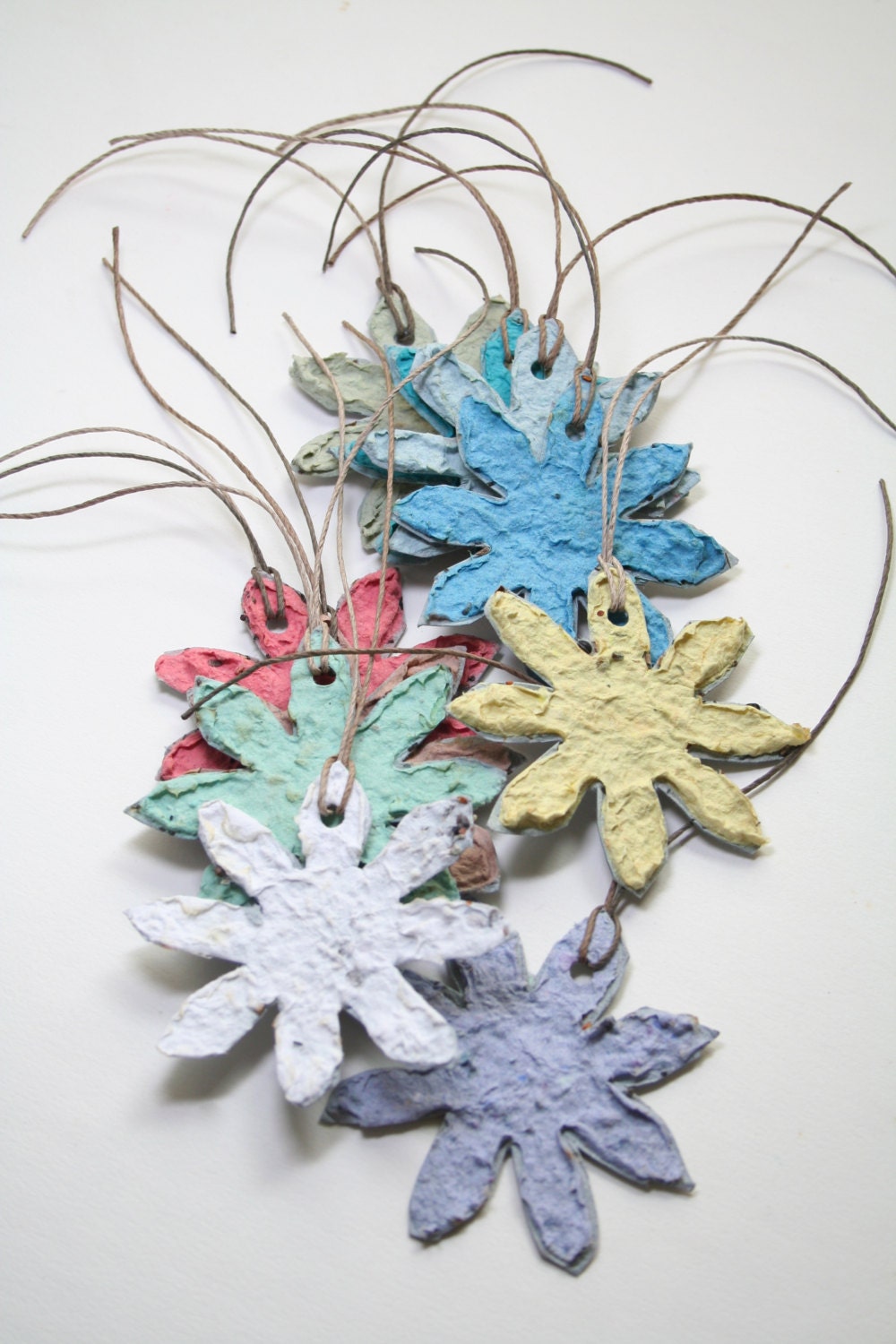 120 Plantable Flower Tags Or Favors (Made From 100% Recycled Handmade Paper Embedded With Wildflower Seeds) you choose color and twine