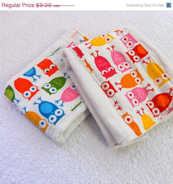SALE Owl Burp Cloths -  Pink, Green,  Blue, Red, Orange& Yellow - set of 2