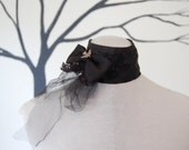 Black taffeta and lace goth steampunk choker collar with bow and bird clip