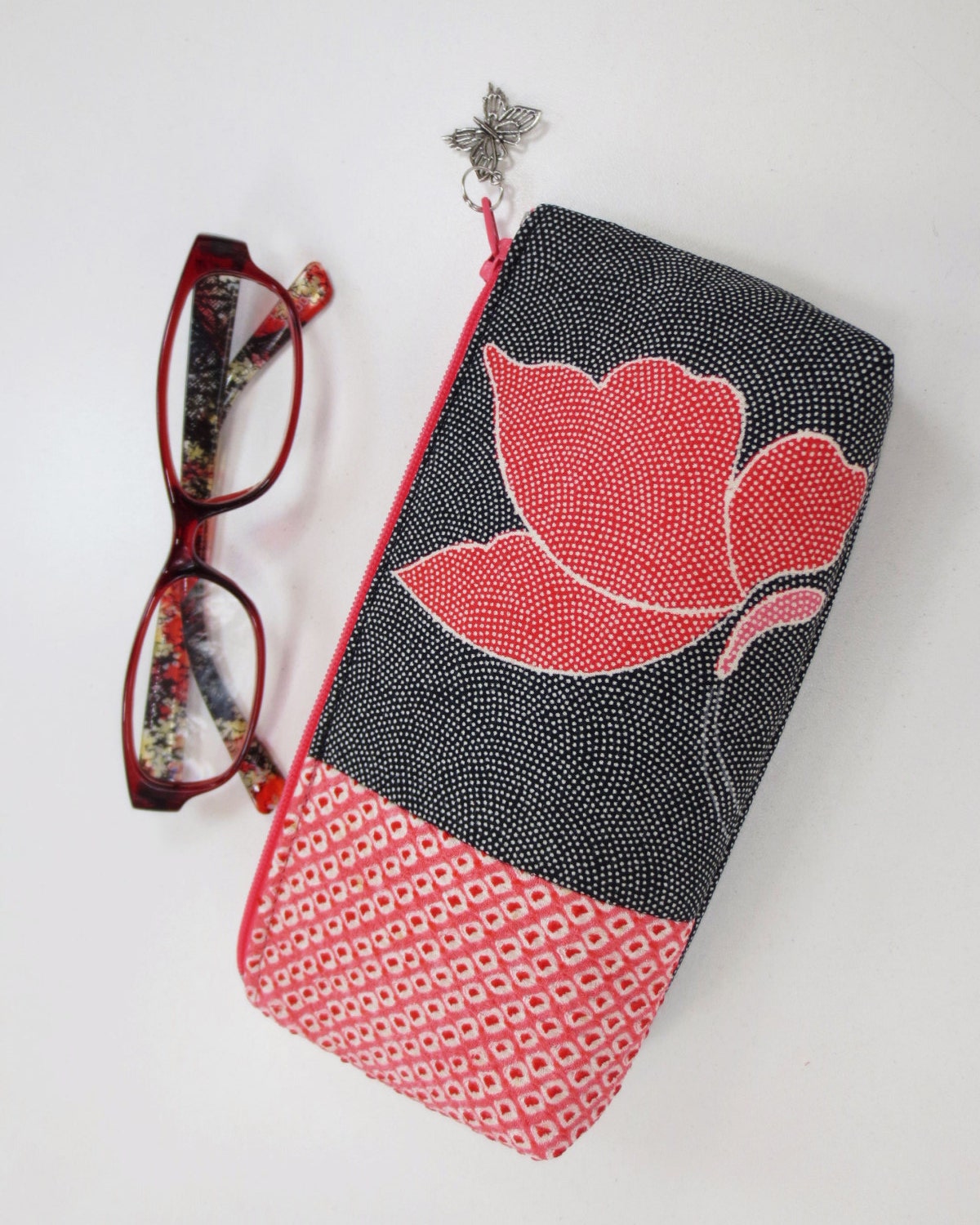 Sibori & Butterfly Zipper Pouch/ Eyeglass Case Made From Vintage Kimono