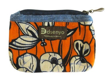 Change Purse and Cosmetic Pouch in Orange Dragonfly Textile Made in Malawi CHP-003