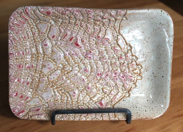 Bridges Pottery Small Rectangle Tray Serving Dish - Creme and Cranberry highlighted pattern READY TO SHIP