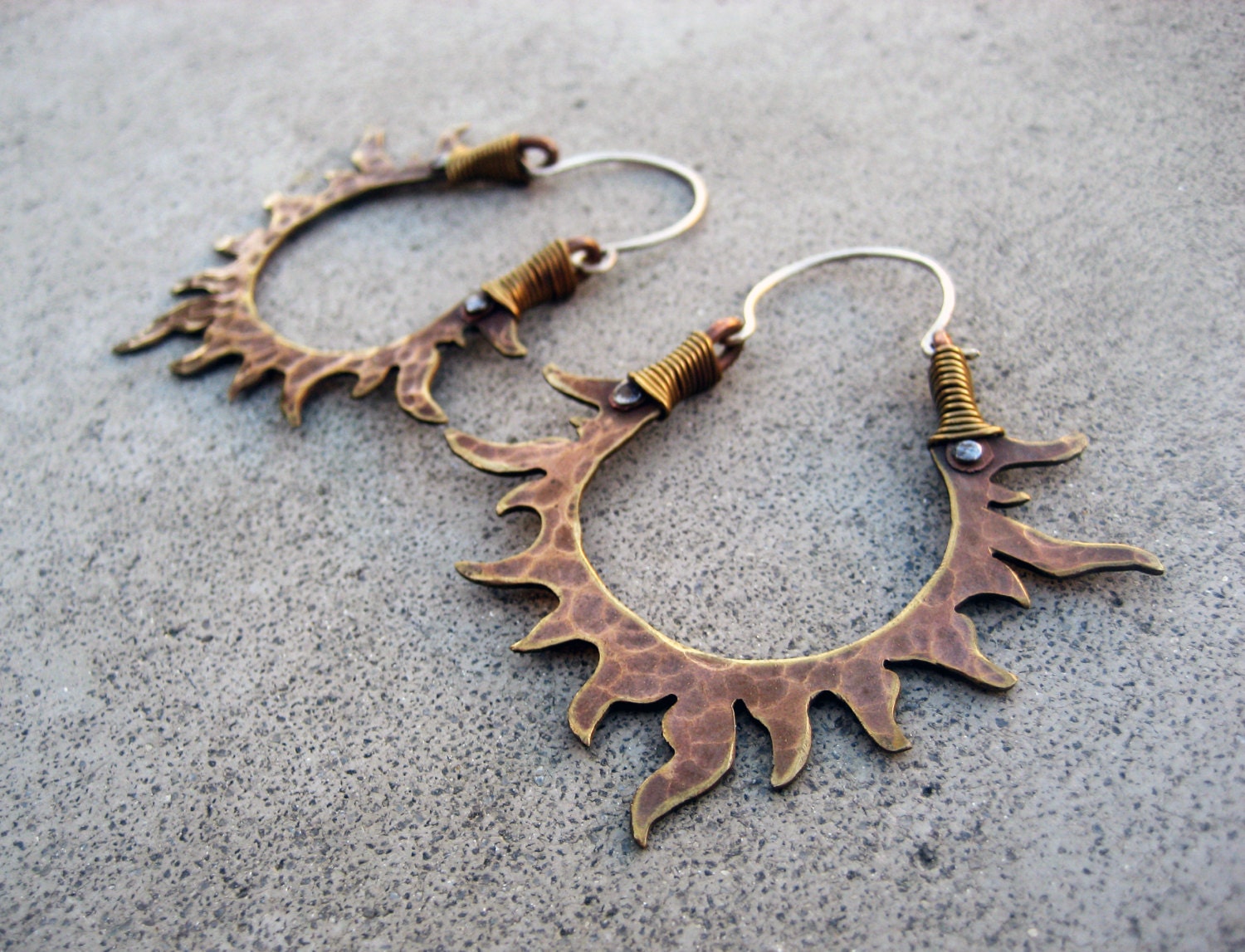 Solar Passion Hoop Earrings, Golden, Sun, Flames, Handmade Mixed Metal Jewelry