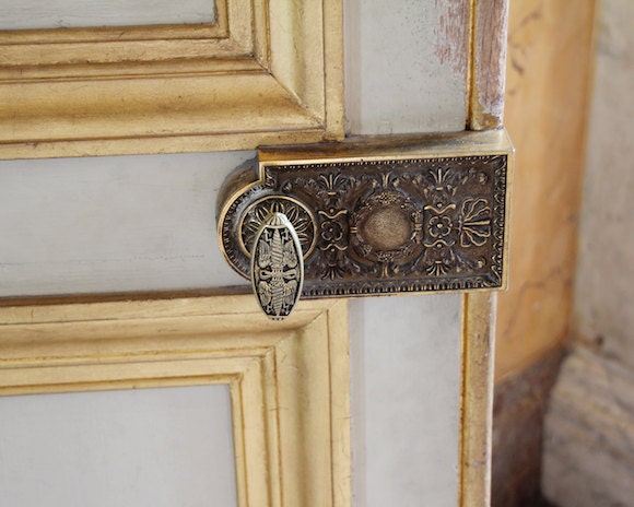 French details, Louvre, Paris, France, museum, simple, hardware, Europe, architectural, blue, yellow, gold, fine art photograph 8"x10"