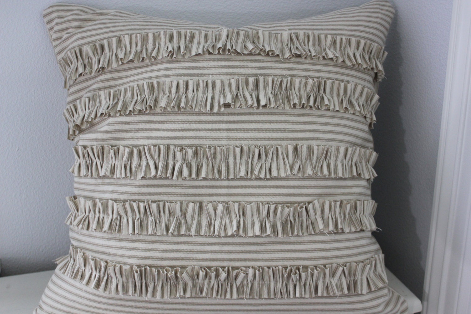 Farmhouse Ruffled Stripe Ticking Pillow Cover