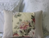 Floral and Ticking Pillow - Roses and Khaki Ticking - Insert Included - Cottage Beach House
