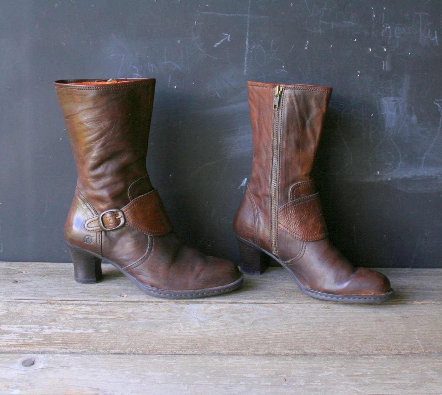 Boots Calf Length Heel Leather Born From Nowvintage on Etsy