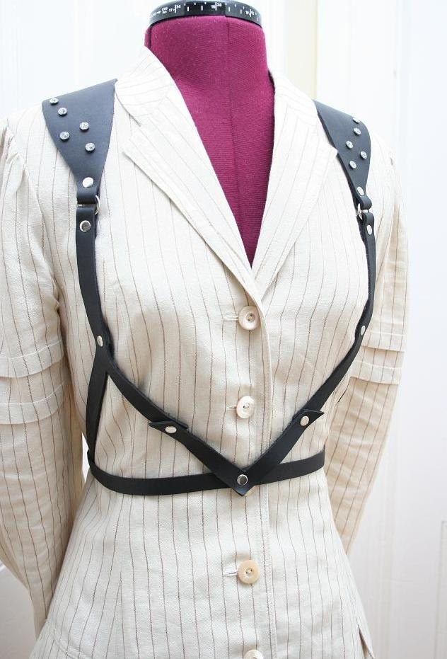 Aria Black Leather Delicate Fashion Harness Belt with Crystal Accents