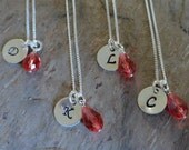 Set of 4 Bridesmaid Necklaces - Personalized Initial Charm Necklace - Pink Crystal Bride Jewelry - Sterling Silver - Handstamped Necklace
