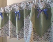 Upcycle Linen Napkins Valance, Recycle Green and Purple Violets, Window Treatment, Floral Handmade Kitchen Curtain
