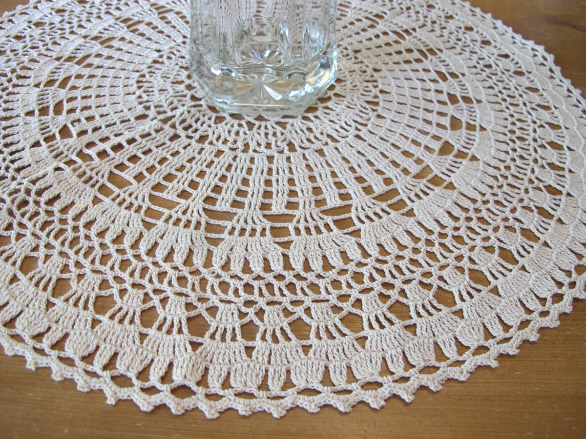 Large Crochet Table Round, Ecru Cotton Medallion Pattern, Mid Century Home Decor