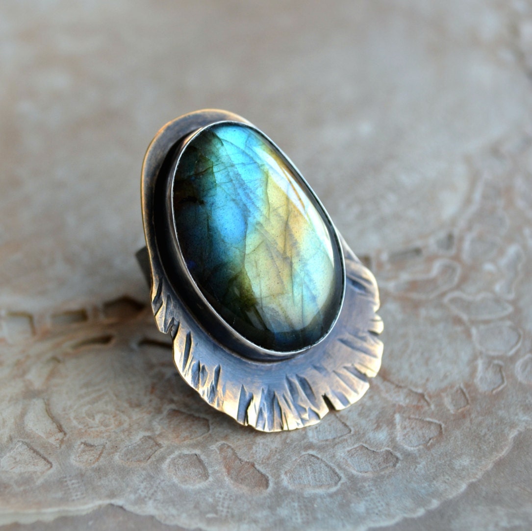 Labradorite ring, metalwork, oxidized sterling silver and brass, rustic peacock feather, size 6.25 - Against the Wind