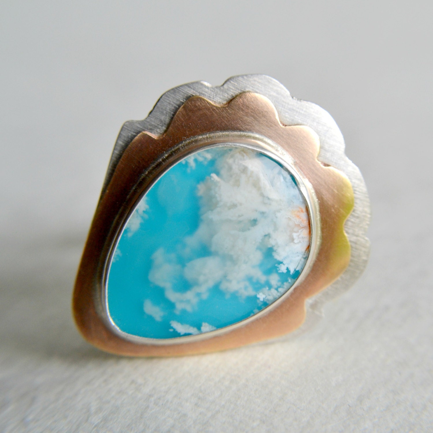 metalwork ring, Regency Rose Plume Agate gemstone, sterling silver and brass, size 8 - Cloud Walker