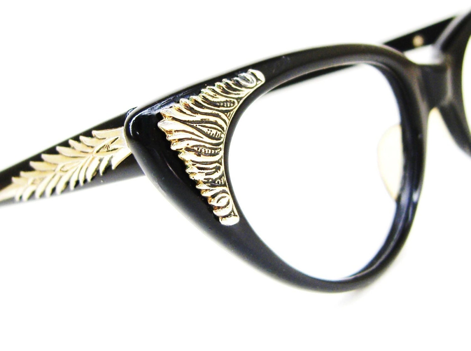 Vintage 1950s Black Cat eye Eyeglasses Sunglasses Eyewear Frame With Gold Case