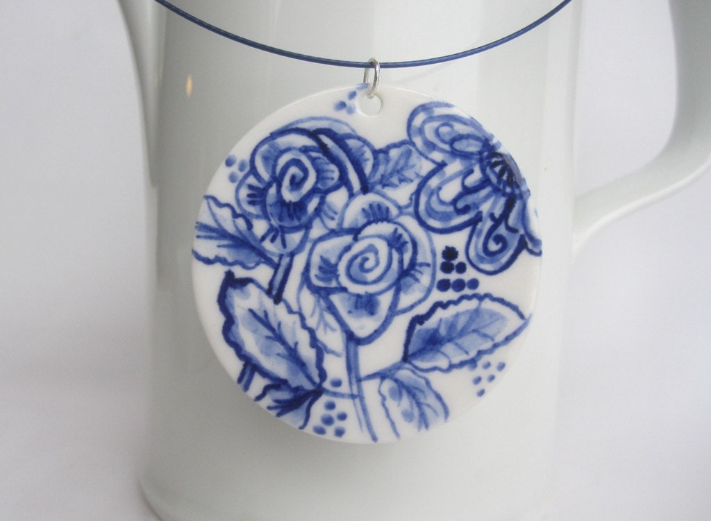 Floral Pendant  Necklace - Blue and white Handpainted Delftware Porcelain