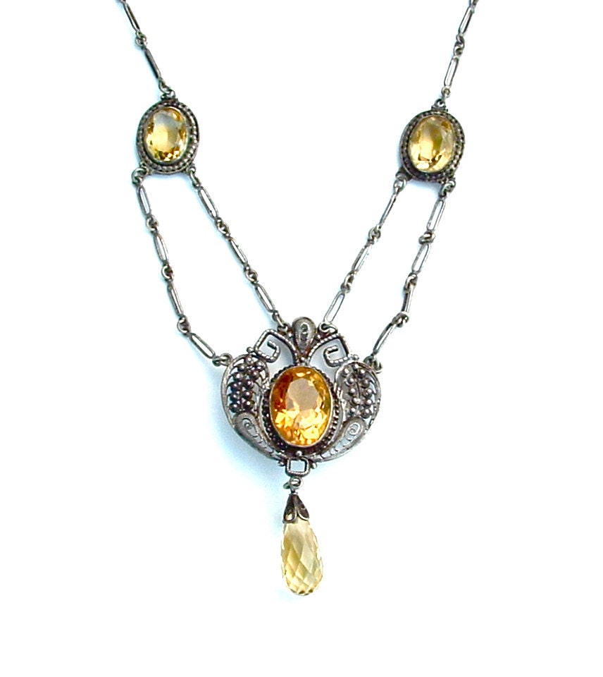 Art Deco Necklace Lavalier Necklace Lemon Citrine Grass Teardrop Filigree Peacock Paisley Antique Jewelry, FREE US SHIPPING