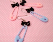 Fairy Kei Pastel Goth Dangle Earrings Light Pink Blue Safety Pin Black Bow - You Choose