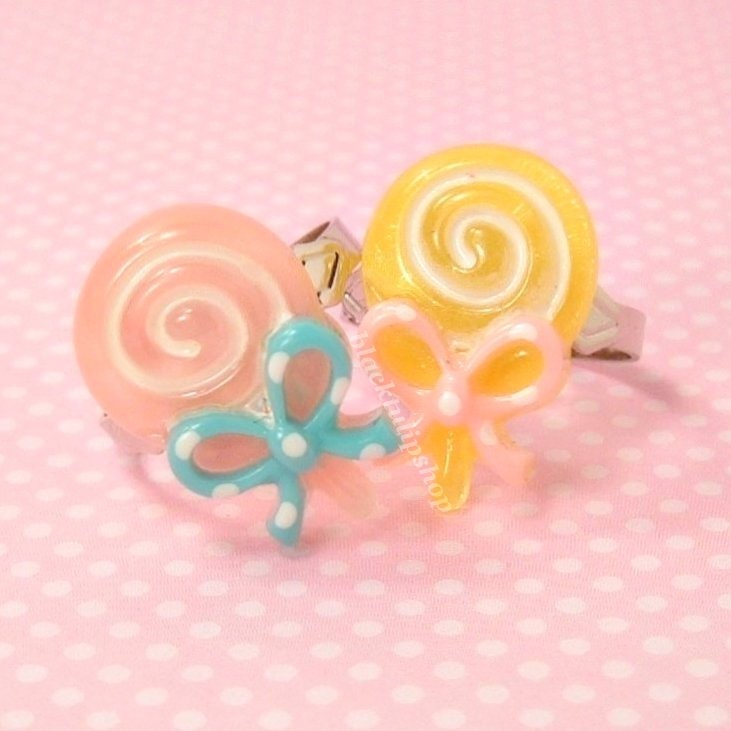 2 Sweet Lolita Fairy Kei Adjustable Ring Pastel Colored Candy Lollipop Polka Dot Bow - Sweet Deal