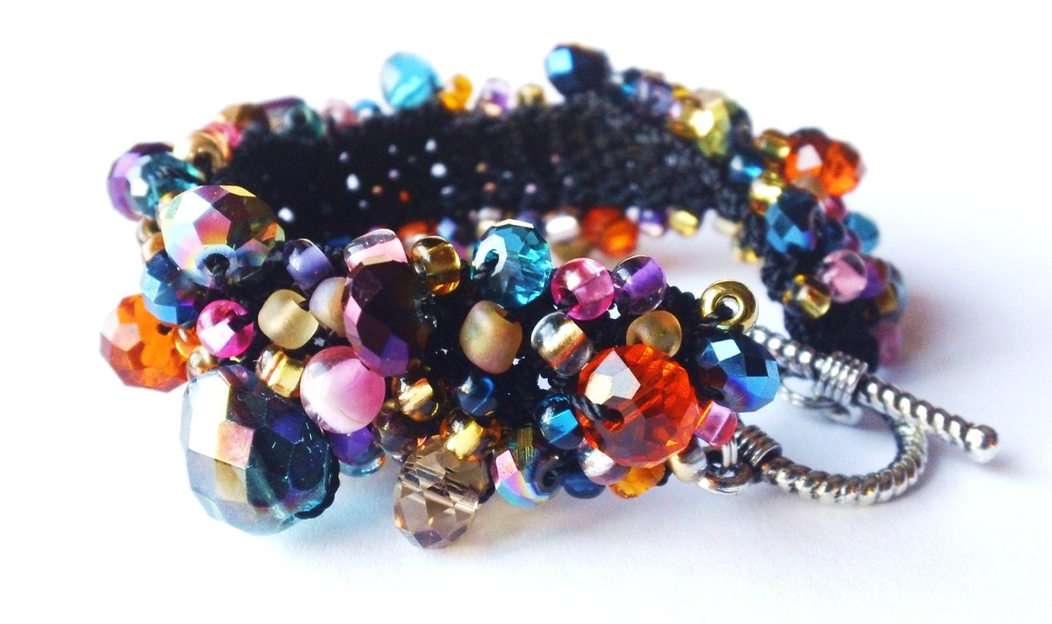 Colorful Crocheted Beaded Statement Cuff Bracelet in Multiple Colors with Black Cord - 7-1/4"