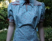 1930s / 1940s WWII Vintage Reproduction Blouse -  Toadstools on blue