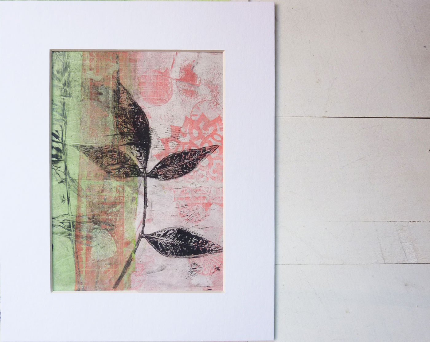 Original Monoprint   5 x 7 - Pink Green Leaf pattern