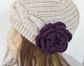 Hand Knit  Hat-   Womens Hat -  Cloche Hat  in Beige  Winter Accessories with crochet flower Snow warm  Fall Autumn oatmeal