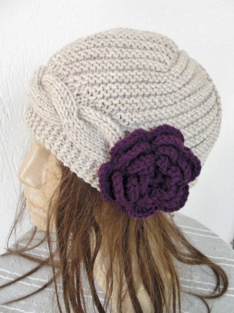 Hand Knit  Hat-   Womens Hat -  Cloche Hat  in Beige  Winter Accessories with crochet flower Snow warm  Fall Autumn oatmeal