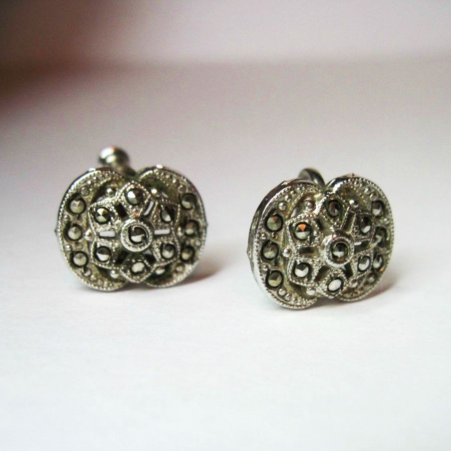 1920s Vintage Art Deco Marcasite Earrings - Sterling Silver - Rose Cut - Screw Backs