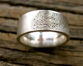 Custom Made Fingerprint Wedding Band in Sterling Silver with Pipe Cut or Flat Ring Profile and Handwritten Quote Size 9.5/8mm