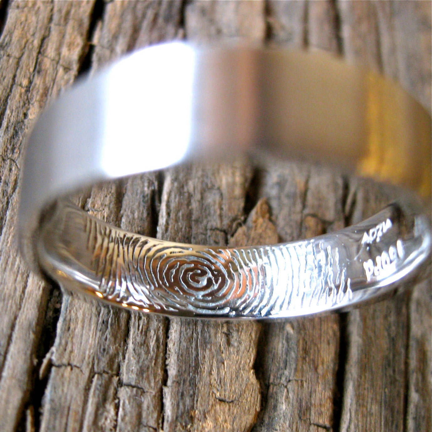 Custom Made Finger Print Wedding or Anniversary Band in Palladium with Flat Ring Profile Size 9.75/5mm