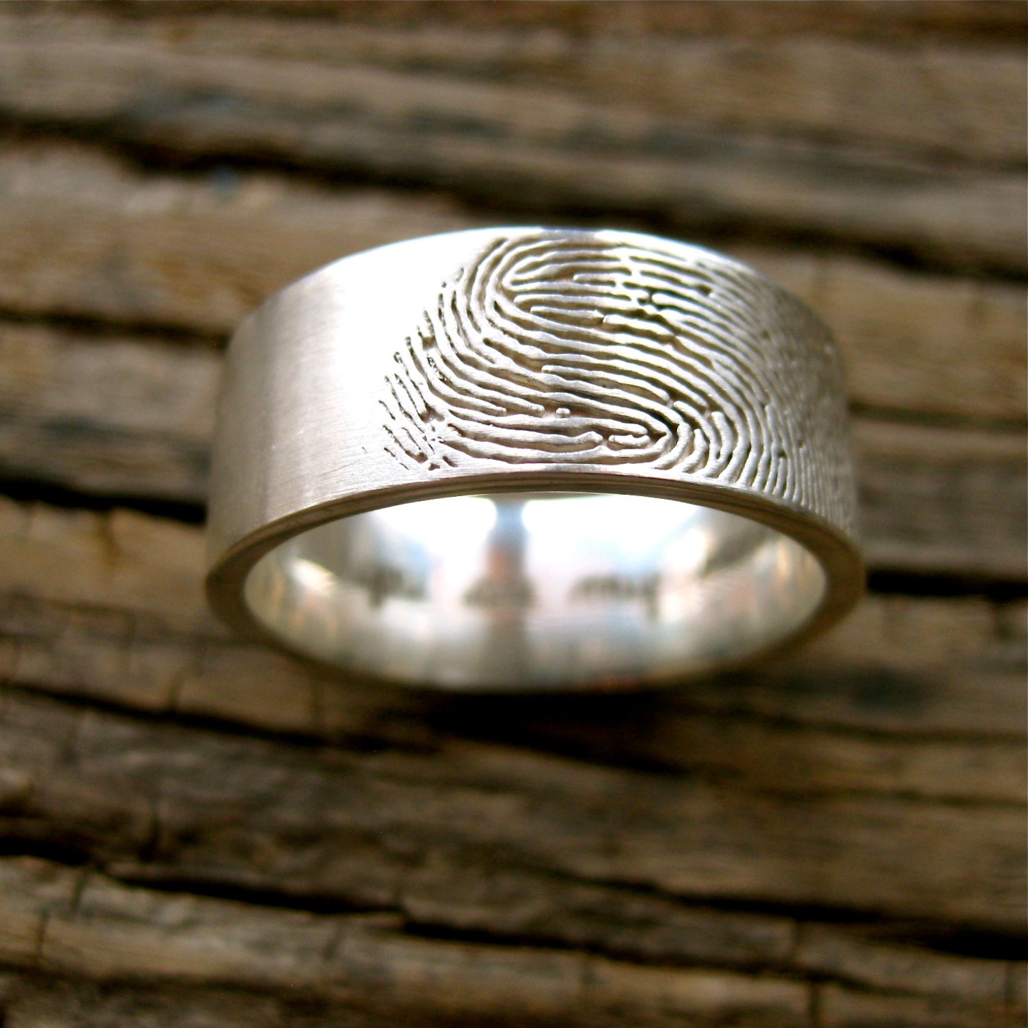 Custom Made Fingerprint Wedding Band in Sterling Silver with Pipe Cut or Flat Ring Profile and Handwritten Quote Size 9.5/8mm