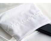 Bridal Cosmetics Bag, Hand Beaded White Glitter Dusted Velvet, Lace Wrist Strap Zipper Pouch Wedding