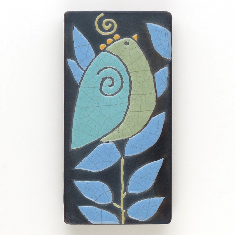 Bird,Ceramic tile,Whimsical, handmade, wall art, home decor 3x6 raku fired art tile