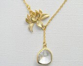 Gold Lotus Flower with Crystal Clear Czech Glass Lariat - Gold Flower Lariat - Bridesmaid Jewelry - Bridesmaid Gift - Everyday Lariat