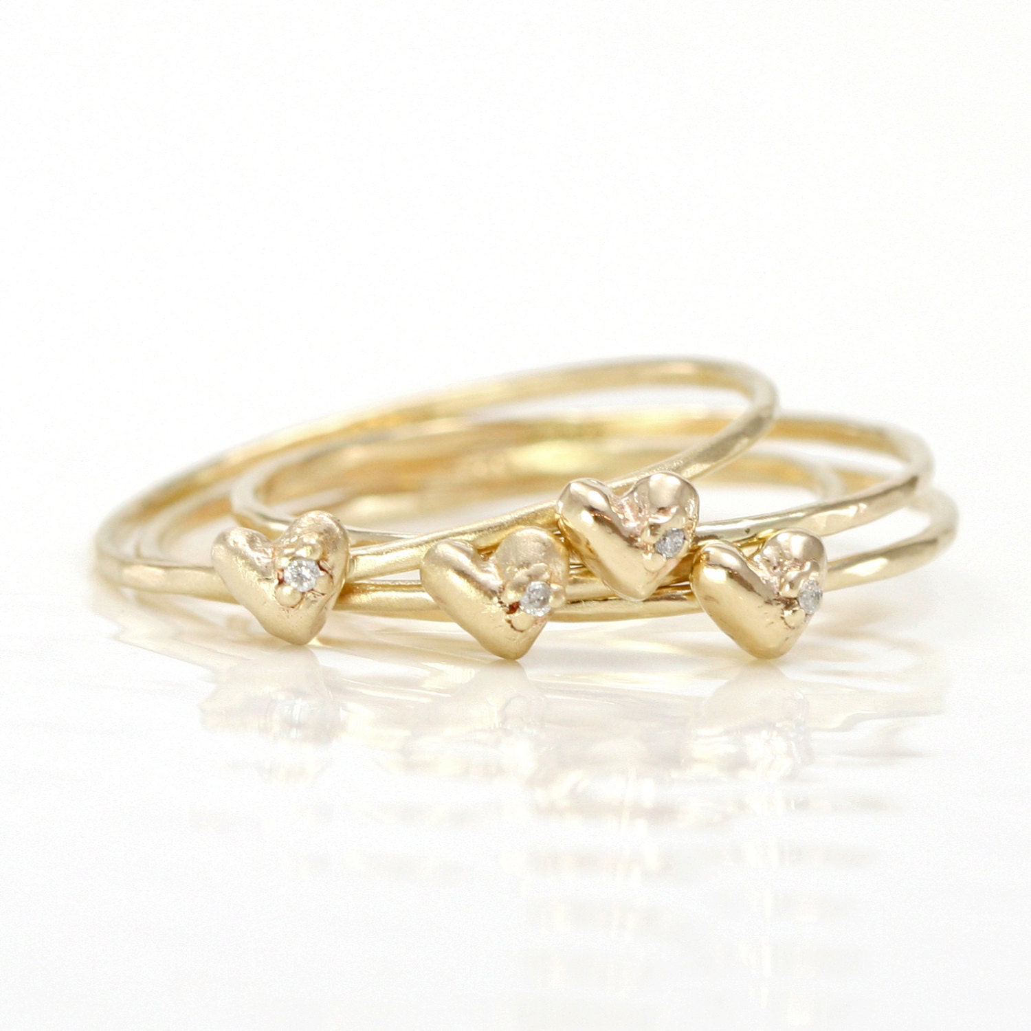 Diamond Heart Ring, 14k Gold Stacking Ring, Genuine White Diamond, Stacking Band, Stackable Gold Ring, 14k Stacking Ring