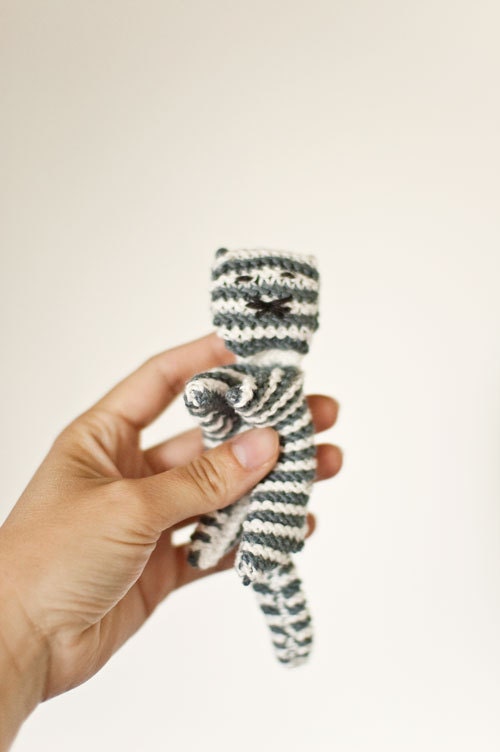 Custom Knitted Cat Toy for Baby Boys and Girls Grey Mustard White Cotton Newborn Baby Shower Toddler Kid- OOAK - Cuddly Cat