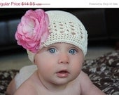 SPRING SALE Infant Beanie - Baby Beanie - Infant Hat - Beanie Hat -  Baby Hat - Pink Flower Clip on Ivory beanie Hat - Photography Prop