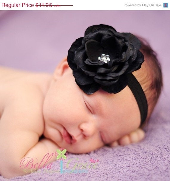 MEMORIAL DAY SALE Newborn Headband - Baby Headband - Toddler Headband for Girl - Black Flower Clip on Stretch Headband - Photography Prop