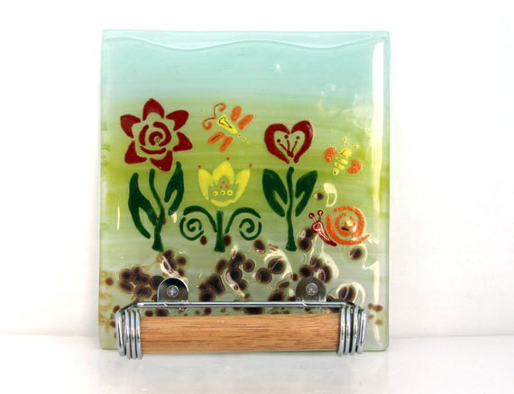 Fused glass toilet paper holder , spring flower.