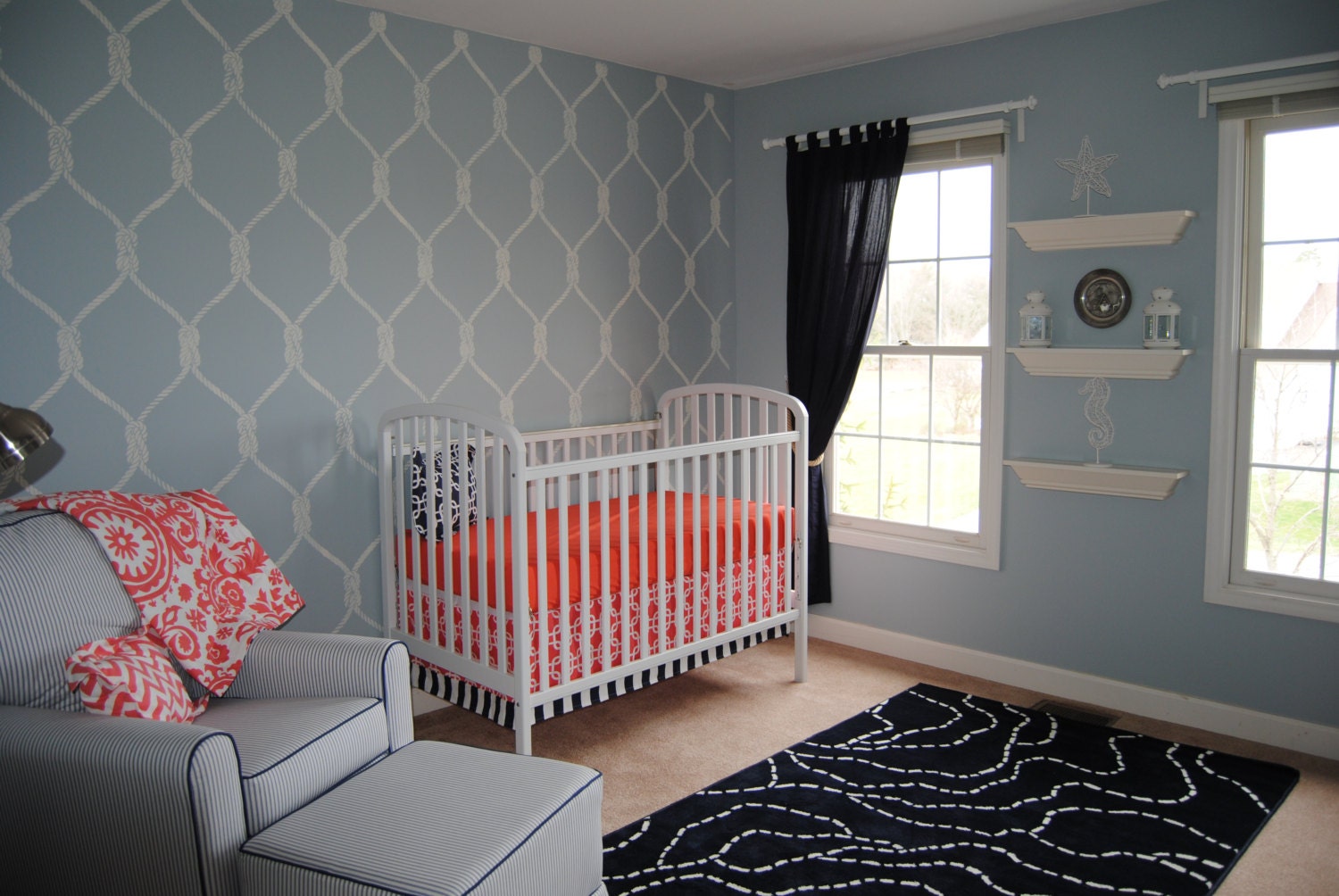 Coral and Navy Blue -- Custom Modern Crib Bedding Set - Nautical, Chevron, Suzani, Shells