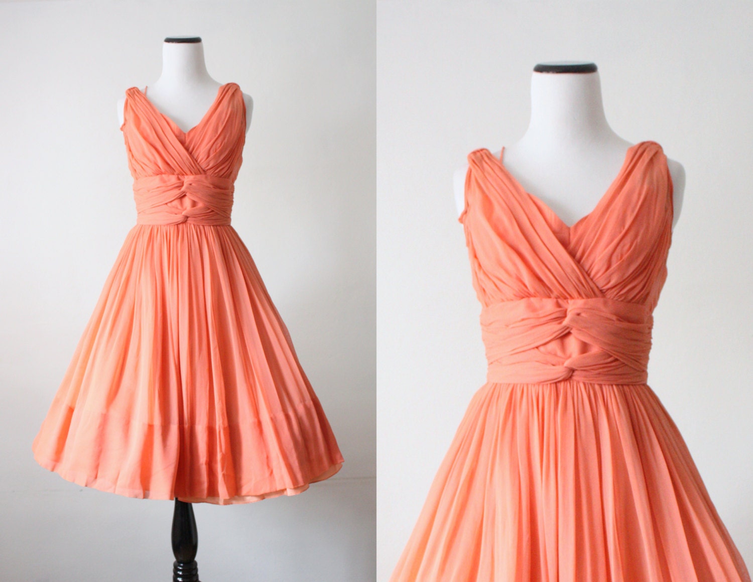 1950s dress - coral chiffon 50s dress