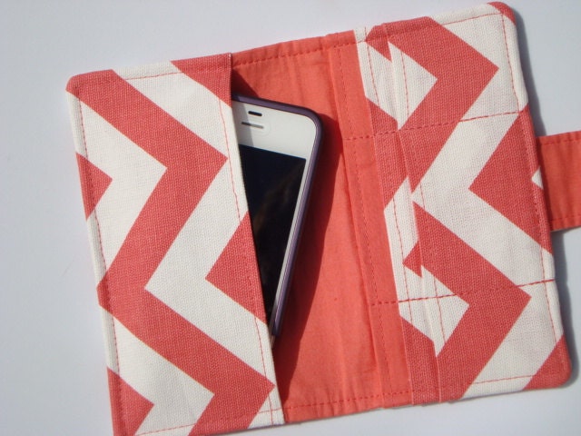 iphone Card Wallet - Cell Phone Case - Coral and White Zig Zag  Chevron