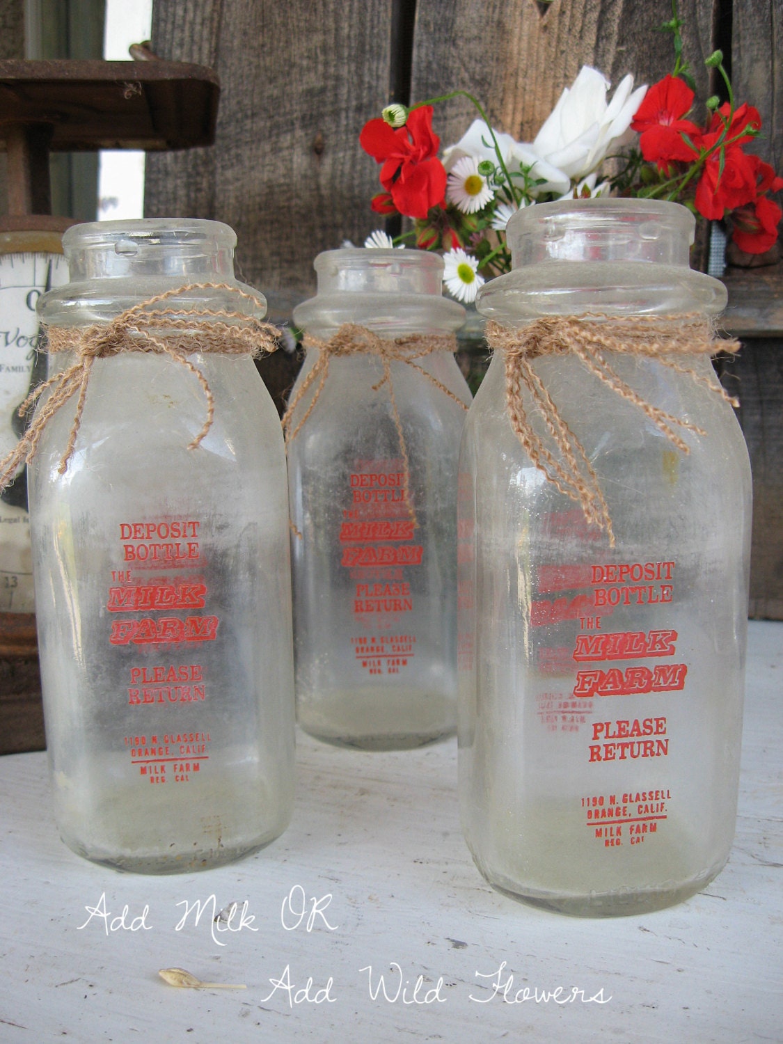 Vintage Half Pint Milk Bottle - The Milk Farm Orange CA  - Red Graphics - Cute Drinking Glasses