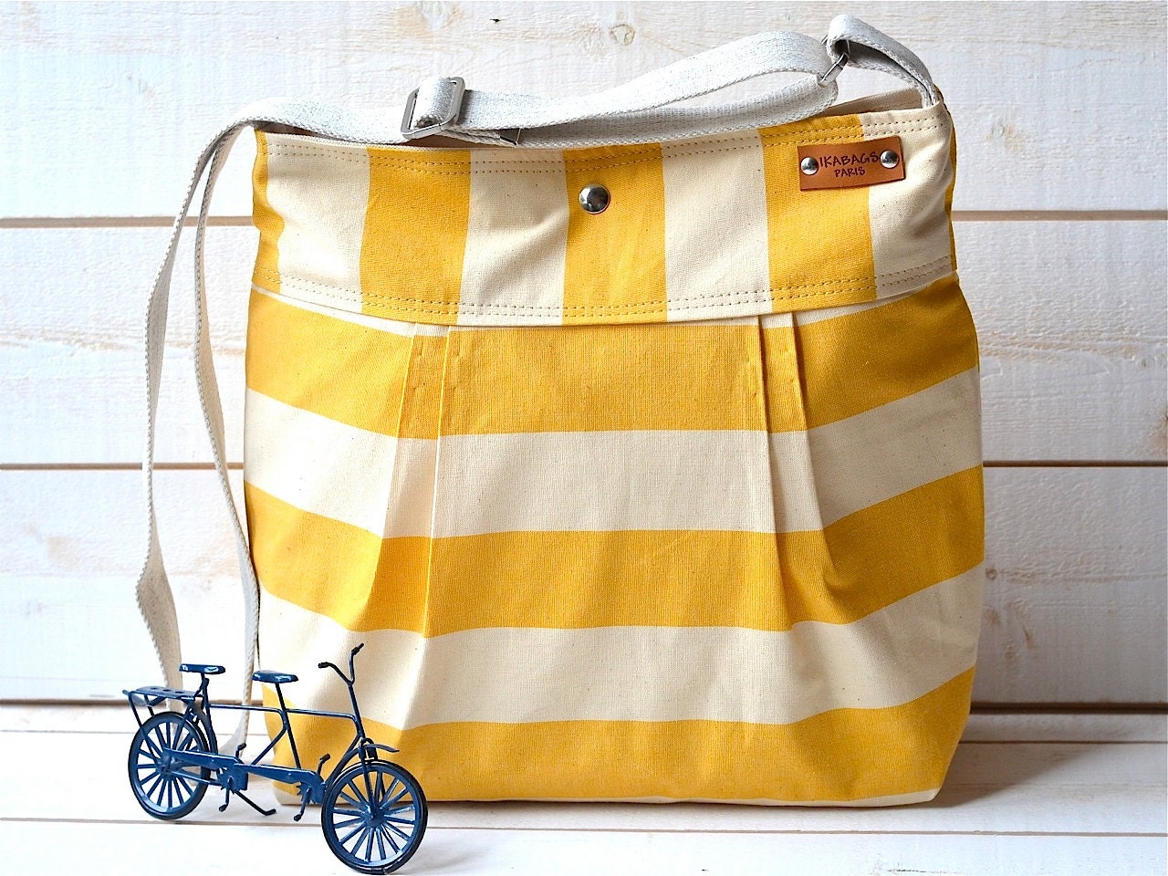 WATERPROOF Diaper bag / Shoulder Bag / Everyday Purse / Sail Tote- STOCKHOLM Yellow and Ecru  Pleated  10 pockets Made to order