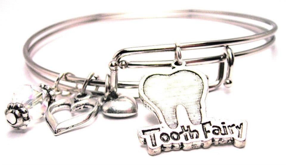 Tooth Fairy 2 Wire Cuff Bracelets with Crystal beads Free shipping
