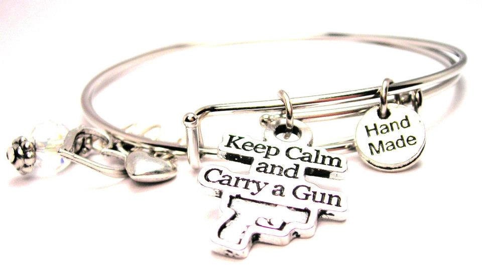 Keep Calm And Carry A Gun Two Expandable Bangle Bracelets with Crystal beads  Free shipping